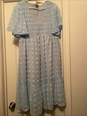 SHEIN Light Blue Smocked Midi Dress with Pom Embellishments